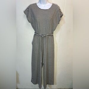 #0198-Old Navy Grey & Off White Striped Jumpsuit W/ Wide-Leg & V-back-S